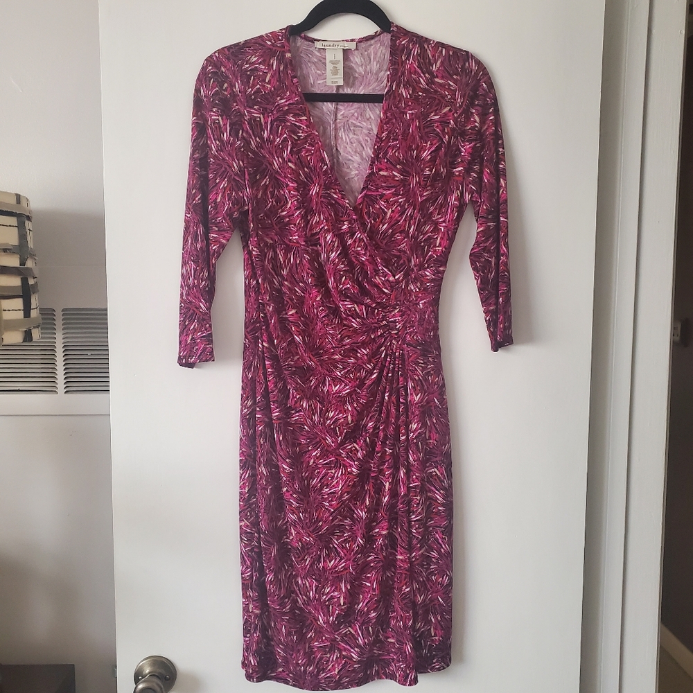 Laundry Power Flower 3/4 Sleeve V-Neck Ruched Wrap Dress